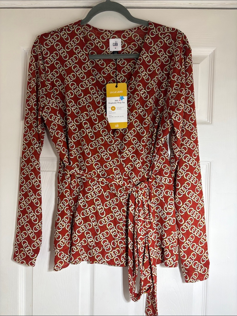 CAbi Rust & Cream Chain-Print Wrap Top “3951”
